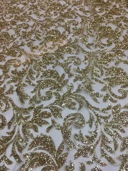 

African embroidered mesh lace fabric with glitter French net lace fabric 5yds/pc in gold color CiCi-41556 for party dress