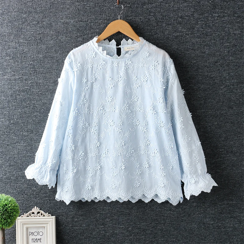 

New Spring Sweet Lolita 3D Flower Embroidery Pullover Shirt Mori Girl Loose Cotton Tops Blouse Shirt Women Blusas Femininas Coat