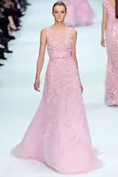 Elie_Saab Розовый Вечерние Платья O-образным Вырезом Sheer Ремни длина Пола Ручной работы Цветок Из Бисера Атласная Луки талии тюль Платья