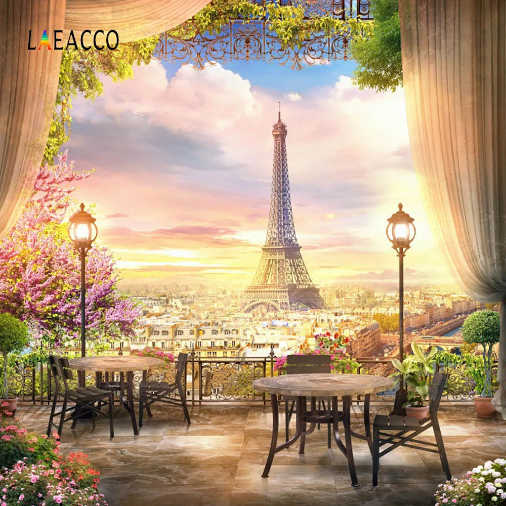 Laeacco Twilight Eiffel Tower Paris Curtain View Platform Photography