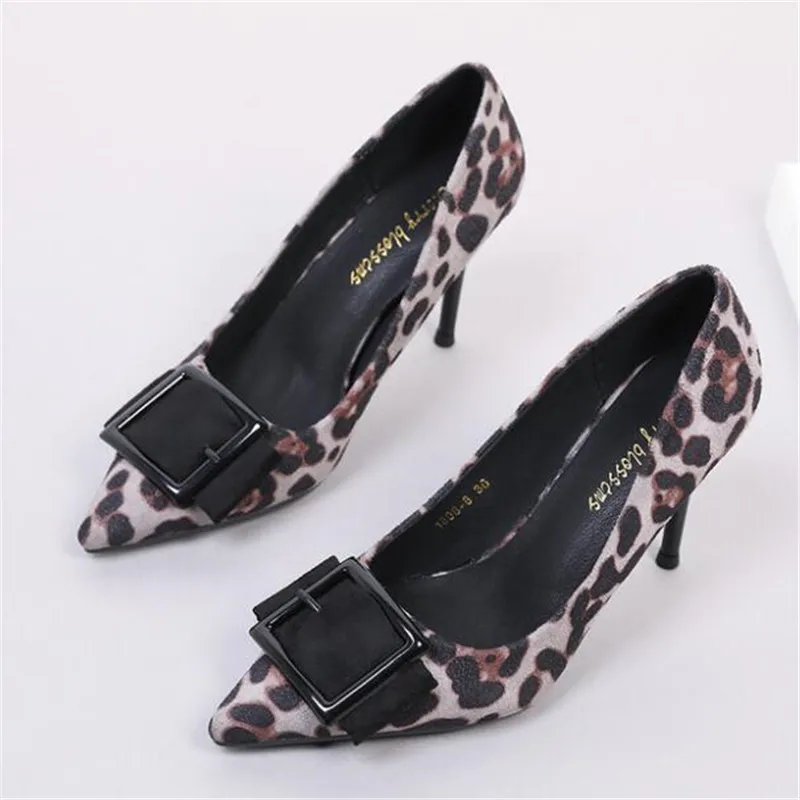 

Spring new women's shoes sexy shallow mouth single shoes square button suede pointed fine with leopard high heels women