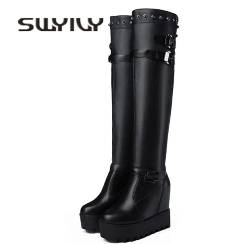 

SWYIVY Woman Boots Over The Knee High Platform 2018 Winter New Female Fashion Increased Shoes Rivet Lady Black Velvet Snow Boots