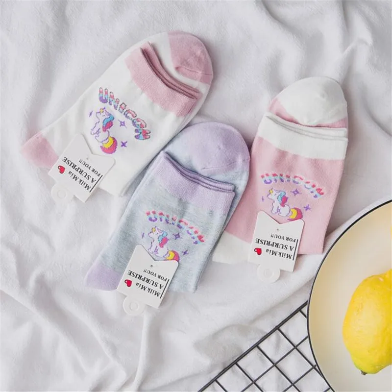 Милые носки с единорогами, женские хлопковые носки в японском стиле с героями мультфильмов для девочек, розовые и Белые Повседневные кавайные носки с лошадью, Calcetines Mujer