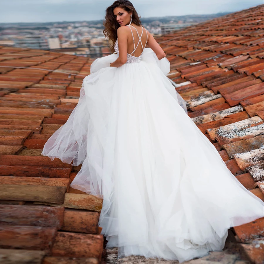 

SOFUGE Beading Pearls A-Line Boho Wedding Dresses 2019 Sweetheart Open Back Princess Bridal Gown Vestido de Noiva