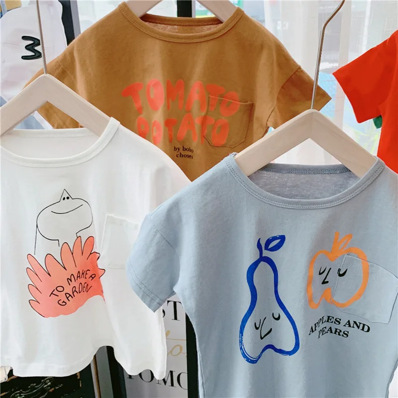 INS/Летняя модная детская футболка с короткими рукавами для мальчиков и девочек, хлопковые топы с принтом яблока и буквами, одежда для малышей