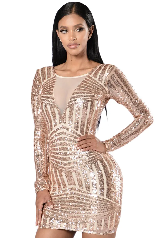 Rose Nude Open Back Long Sleeve Sequin 