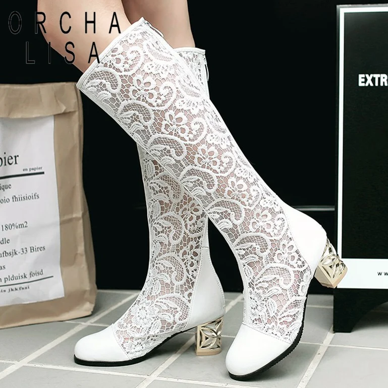 

ORCHA LISA 2019 Spring summer Boots Shoes women med heels Knee boots Flower lace Female mujer boots Zipper Glitter Sexy White