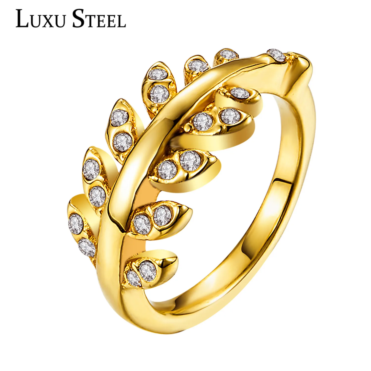

LUXUSTEEL New Fashion Accessory Exquisite Design Leaf Shape With Cubic Ziconia Crystal Gold Color Party Rings For Women Girl