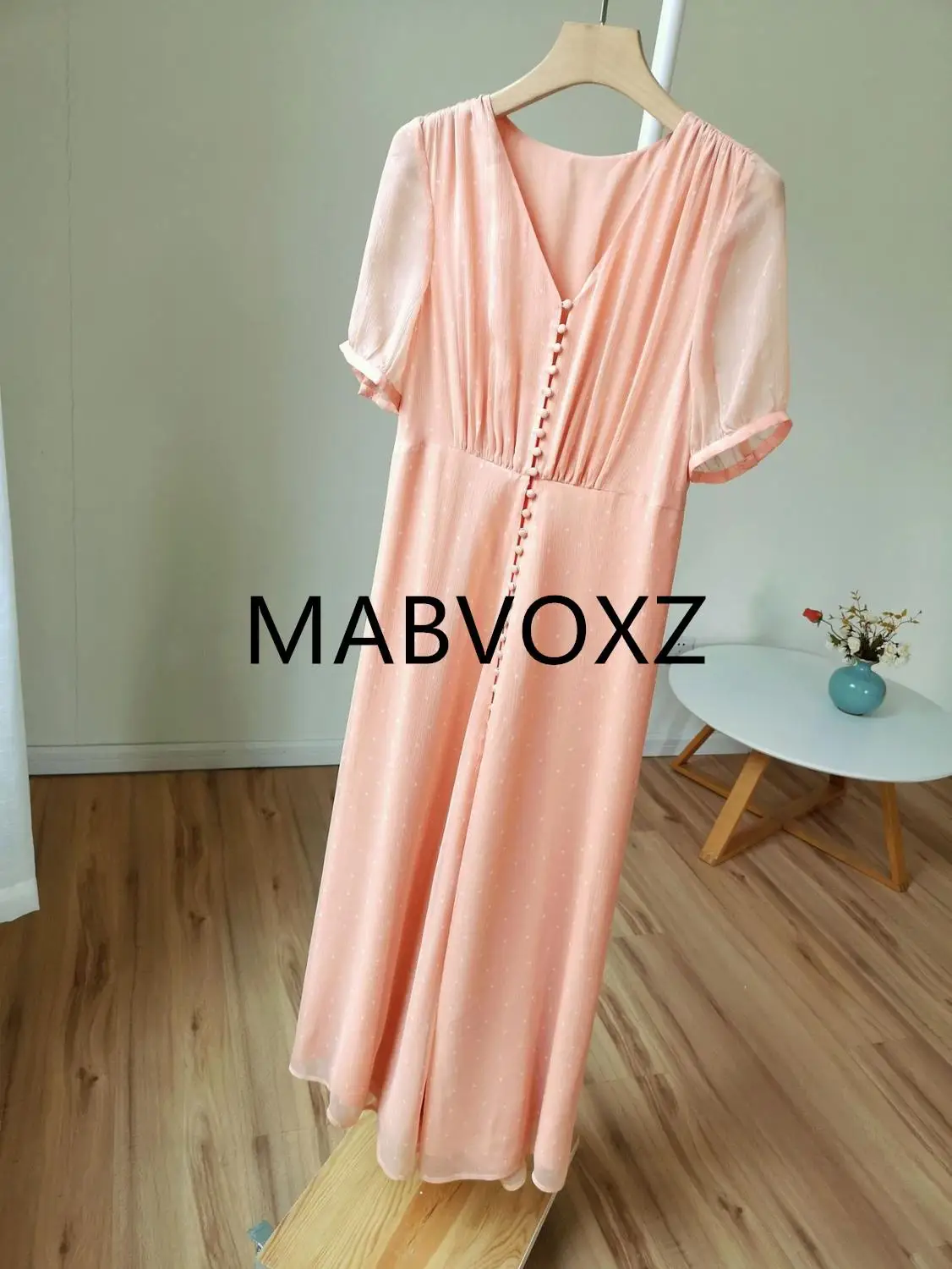 

Women Polka Dot Print Short Sleeve Silk Pink Long Dress V Neck Front Buttons Sweet Summer Dress