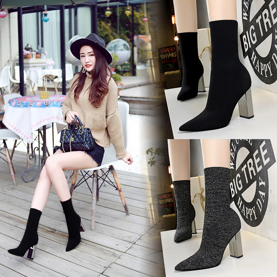 

Women's Boots Pointed Toe Knitting Ankle Boots Thick Heel High Heels Black Silver Shoes Woman Female Luxury Boots 2018 Fashion