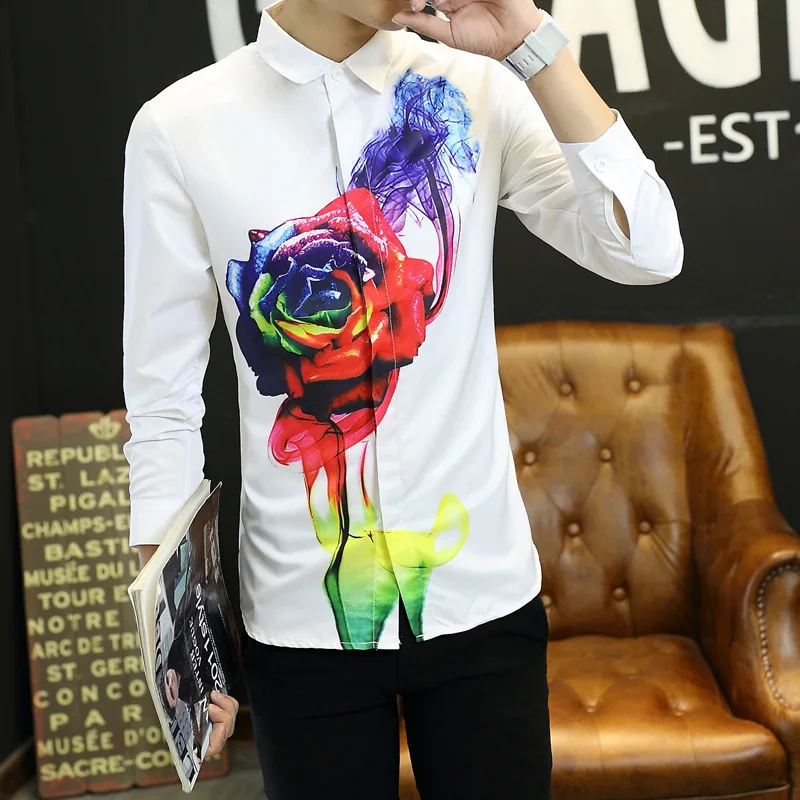 2016 New Fashion Casual Men Shirt Long Sleeve Rose Printing White Slim