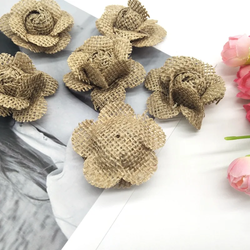 5Pcs Handmade Burlap Flowers Vintage hessian Jute Wedding Party Decoration Supplies Natural color Shabby Chic 62494 - Цвет: 2PD-62496