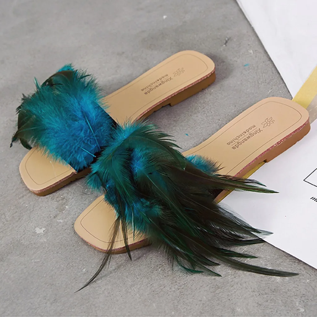 

women summer slippers Fashion Colorful Feather Slipper Sandals Peep Toe Shoes Sandalia women's moccasins zapatos de mujer