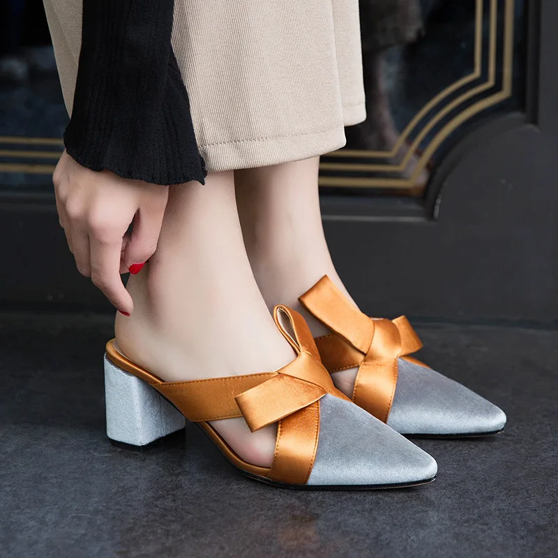 

Women Ladies Female Babouche Pointed Toe Bowknot Half Scuff Mules Slides Hollow Out High Chunky Heels Casual Slippers Shoes 789