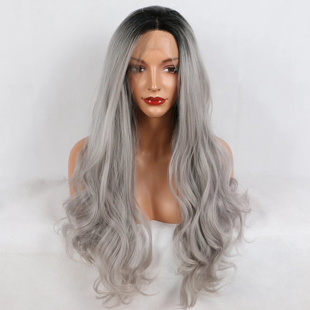

Fantasy Beauty Ombre Gray 2 Tones Synthetic Lace Front Wig Dark Roots Long Natural Wave Silver Grey Replacement Full Wig