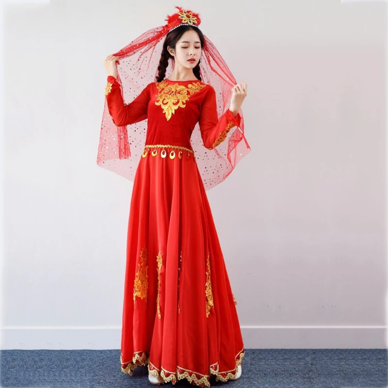 Синьцзянская традиционная Выступления Одежда для взрослых красный Уйгурский Танцевальный костюм Индии сари стиль Одежда для сцены длинное платье