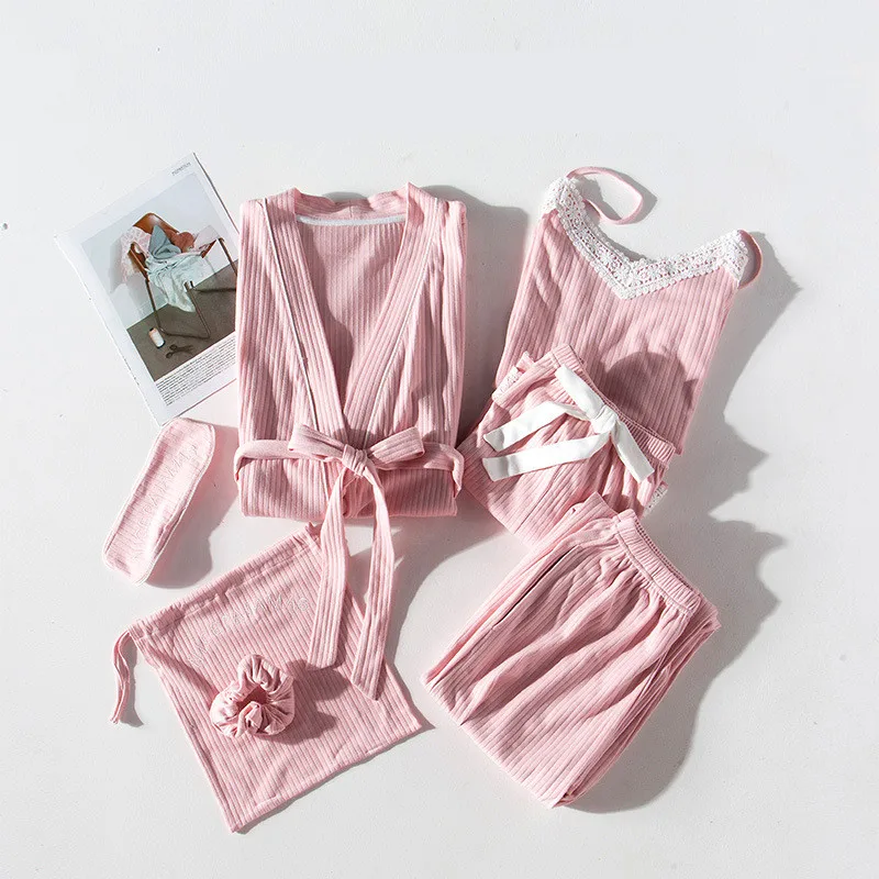 JRMISSLI, кружевные женские пижамы, 7 штук, хлопковые Пижамные комплекты, пижамы, шелковые, домашняя одежда, одноцветные, для сна, для отдыха, сексуальные, розовые пижамы, ночное белье