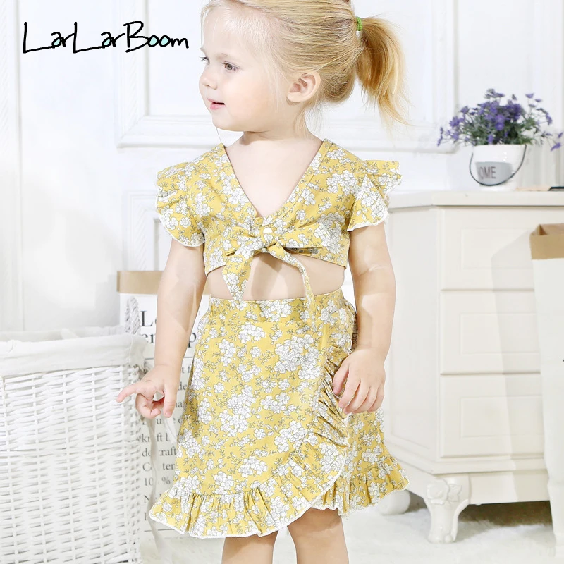

LarLarBoom Summer Girls Clothing Sets Bow Top + Irregular Skirt Two-pieces Set Floral & Plaid Pattern Fashion Children's Set