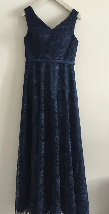 Настоящая фотография, длинное вечернее платье, Vestido de Festa, ТРАПЕЦИЕВИДНОЕ кружевное платье с v-образным вырезом, вечерние платья для выпускного вечера - Цвет: Dark blue