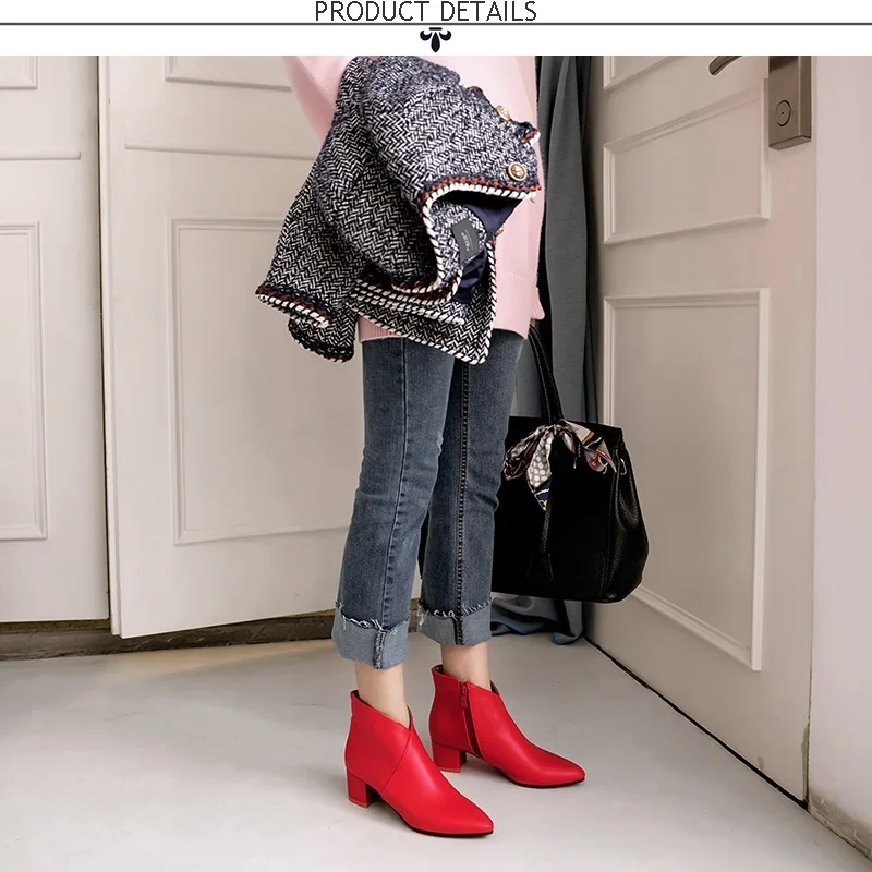 EGONERY/Модные женские ботинки; пикантная обувь на среднем каблуке 4,5 см с острым носком; коллекция года; зимние плюшевые офисные ботильоны на молнии; цвет красный, синий, черный