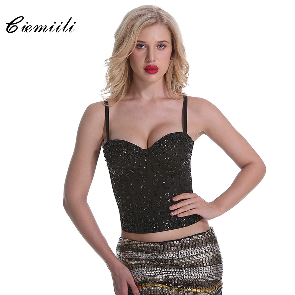 

CIEMIILI 2018 Women Summer Top Celebrity Party Runway Short Spaghetti Strap Fashion Bra Beading Club Wear Bralette Crop Top