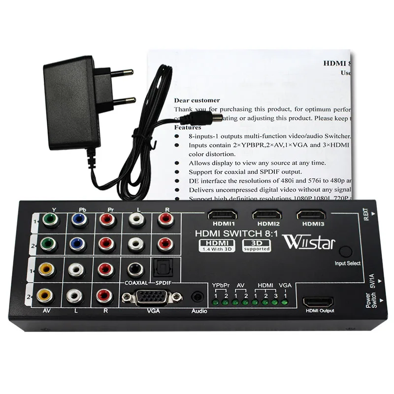  Wiistar Multi-functional HDMI Converter Switch 8 Input to HDMI+COAXIAL+SPDIF Output Support 3D and 