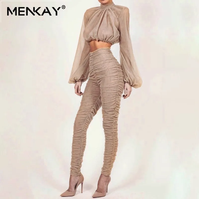 

[MENKAY] Two Piece Sets Female Turtleneck Puff Long Sleeve Crop Tops High Waist Pencil Pants Womens Suits 2019 Spring New