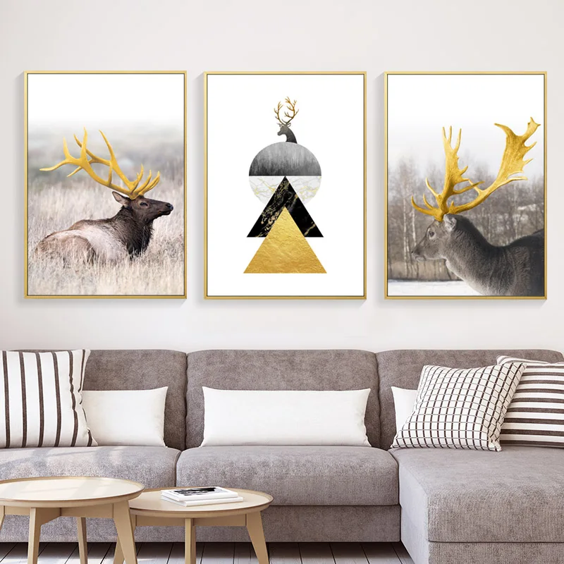 

Elk Minimalist Modern Wall Art Canvas Painting Abstract Geometric Nordic Poster Animal Wall Pictures For Living Room Unframed