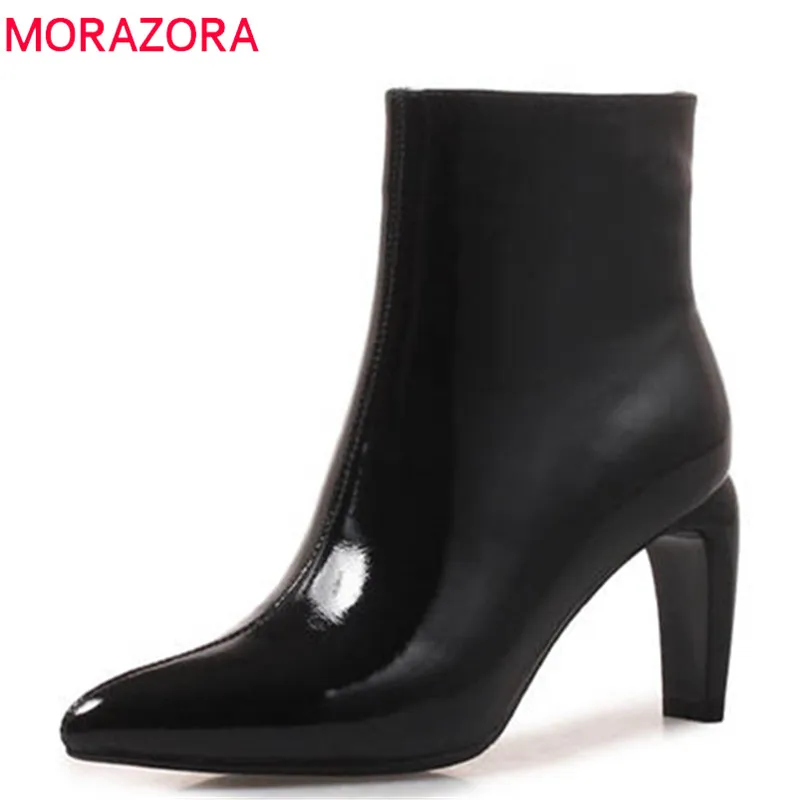 

MORAZORA 2018 top quality patent leather boots women pointed toe autumn boots simple zip elegant high heels shoes ankle boots