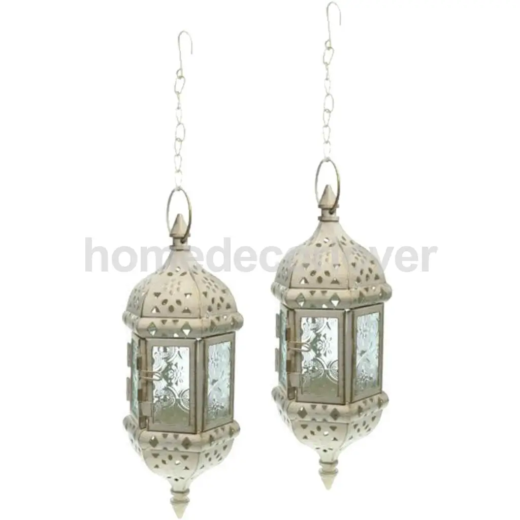  2PCs Moroccan Style Metal & Glass Teal Light Candle Holder Hanging Candleholder for Wedding Home Coffee Shop Decor (White)