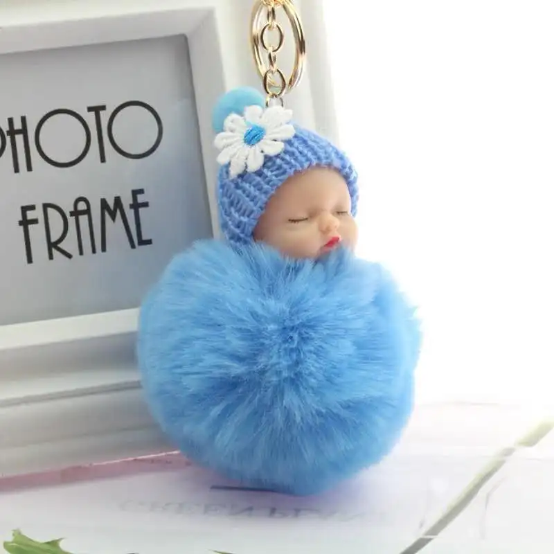 

PINXIU Flower Fairy Sleeping Baby Doll Keychain Rabbit Fur Ball Key Chain Women Car Key Holder Bag Pendant Charm Accessories