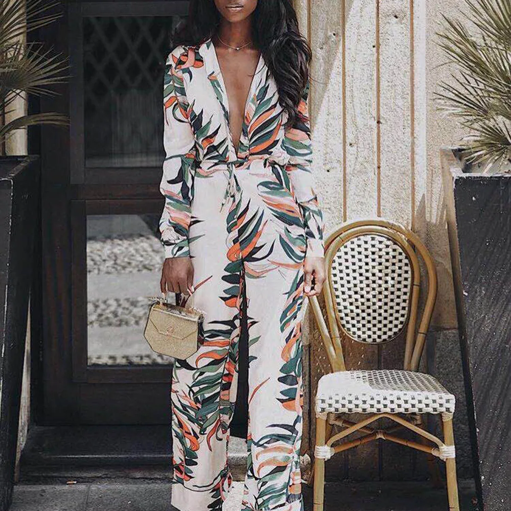 

Womail Jumpsuit Women Sexy Deep V-Neck Floral Leaf Printed Long Sleeve Sparkly Capelet Jumpsuit Office Workwear Jumpsuits Jun 20