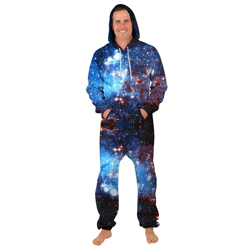 Мужские/мужские Длинные Комбинезоны raisvern Space Galaxy со звездами, Свободные повседневные теплые домашние комбинезоны с капюшоном и карманами, забавные комбинезоны