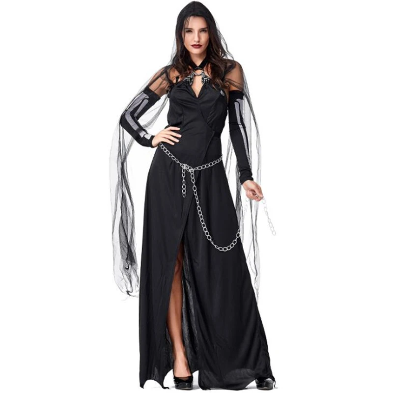 Роскошный женский черный волшебный костюм ведьмы для Хэллоуина сексуальный взрослый вечерняя косплей одежда