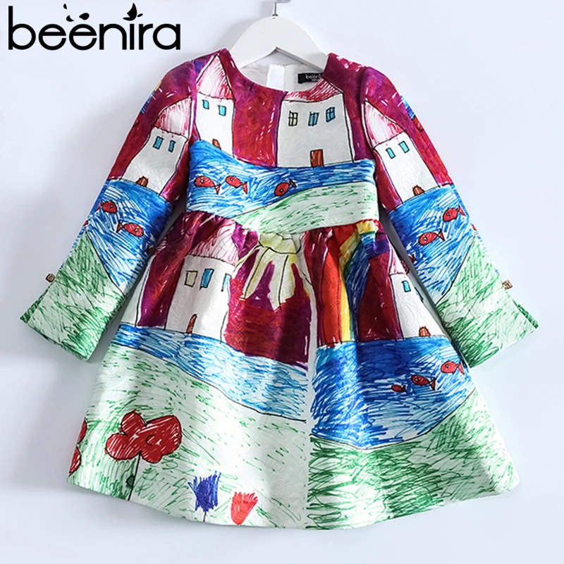 

Beenira European and American Style Children House Pattern Full-Sleeve Princess Dress Kids Winter Clothes Children' Winter Dress