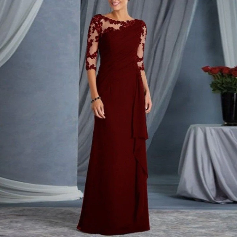 Женские платья с коротким рукавом и круглым вырезом, длина до пола, официальное женское платье, однотонные кружевные вечерние платья - Цвет: Wine Red