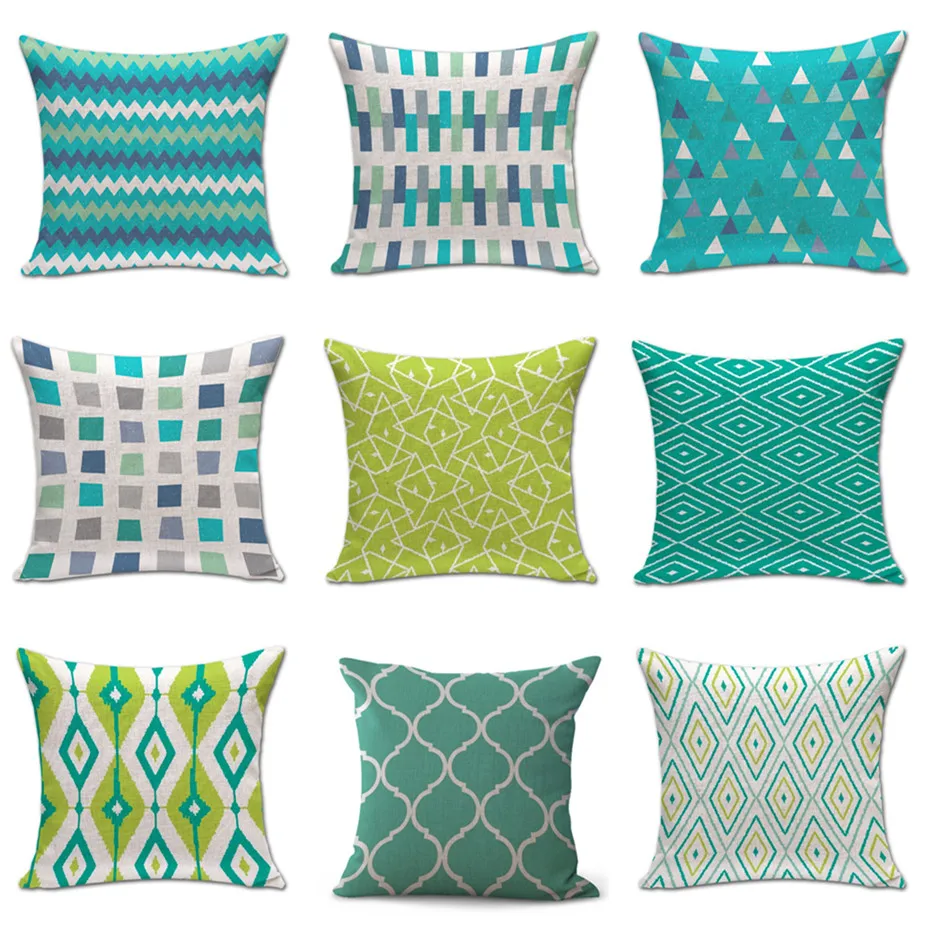 Green Blue Gemoetric Linen Cushion Cover Decorative Pillow Cover Home