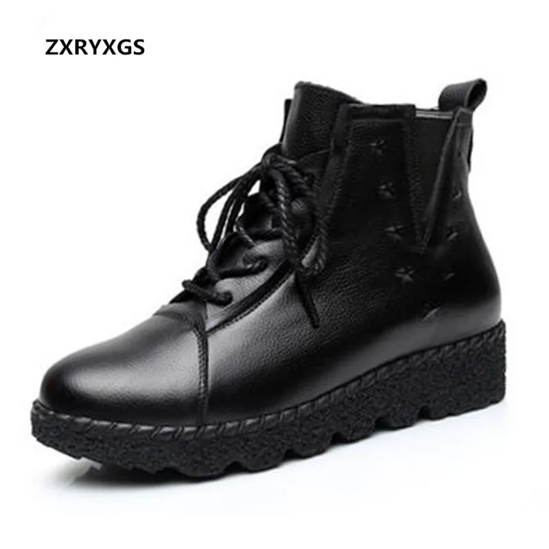 

Hot 2018 Autumn and Winter Black Lace Genuine Leather Shoes Women Boots Large Size Comfortable Soft Ankle Boots Flat Shoes Woman