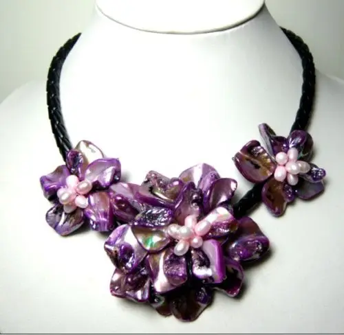 

FREE shipping>>>>>>stunning big handmade baroque shell pearl flower leather necklace 17"B1