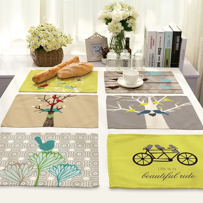 

Nordic Simplicity Placemat Bird Bicycle Pattern Table Mats for Dining Table Rectangle Linen Eco-Friendly Kitchen Accessories