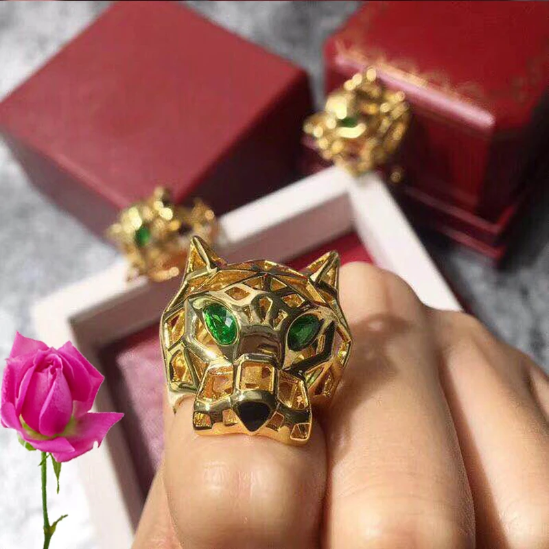 Высокое качество полый зеленый глаз кольцо Леопард Золото Цвет Микро Мозаика Кристалл Камень Bohemia Bossy кольцо для мужчин женщин Роскошные ювелирные изделия