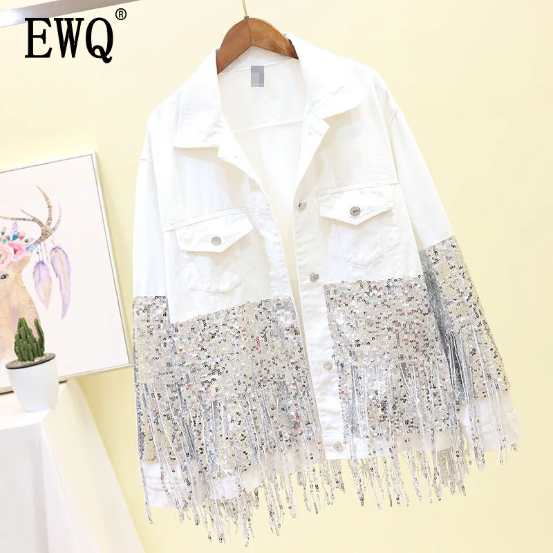 

[EWQ]2019 Spring Autumn New Style Sequined Denim Jacket Female Loose Hole Long Sleeve Jacket Top Loose Trend Coat Feminino QJ165