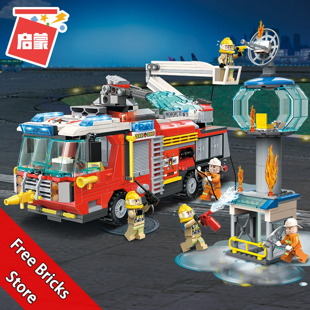 

647pcs Set City Series Firemen Mini figures Minifigs Airport Control Tower Fire Rescue Engine Car Building Blocks Toys Kids Gift