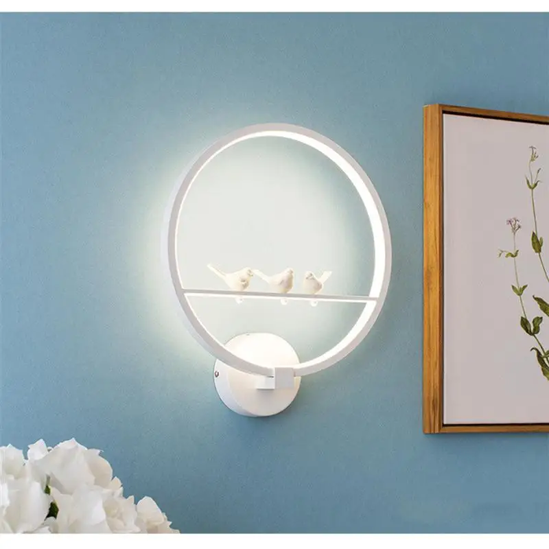 

Round Wall LED Lamp Modern Creative Bedlamp Bedroom Living Room Light with Birds Decoration