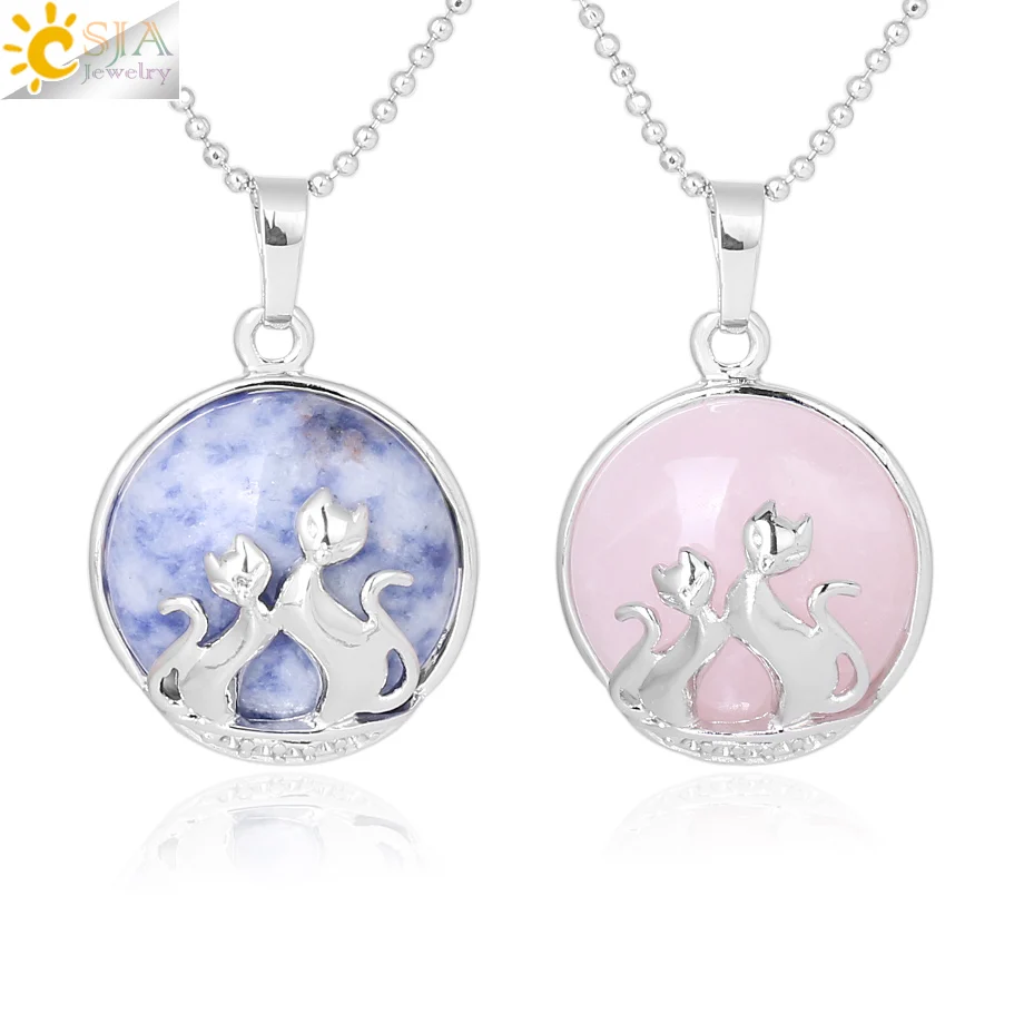 

CSJA 2018 Double Cat Kitty Kitten Necklace for Women Fashion Jewelry Slide Shellhard Natural Stone Charms Pendant Jewellery F340