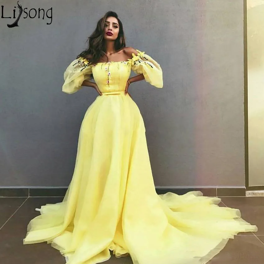 New Off The Shoulder Light Yellow Evening Dresses 2019 New Arrival Tulle Saudi Arabic Prom Dresses With Puffy Sleeves Party Gowns 149