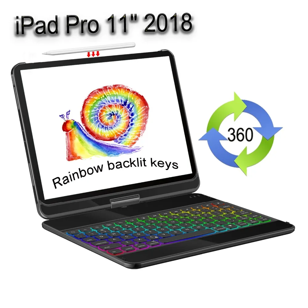 Для Apple iPad Pro 11 дюймов чехол-клавиатура с тонкой умной пластиковой подсветкой вращение на 360, 180 откидной Чехол для iPad Pro 11