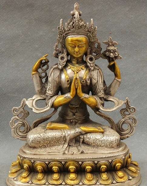 

JP S0608 8" Tibet Silver Gilt Buddhism 4 Hands Chenrezig Buddha Statue Chinese Kwan-Yin (B0328)
