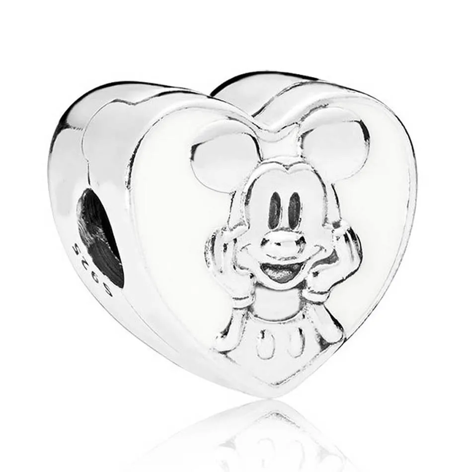 

925 Sterling Silver DIY Jewelry Vintage Mickey Clips Stoppers Charm fit Lady Bracelet Bangle Lady White Enamel