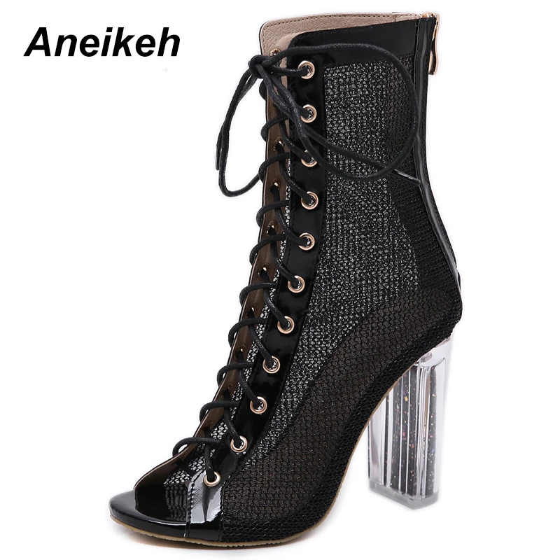 Skup Aneikeh kobiety sznurowane botki sandały z wystającym palcem Botas Mujer gladiatorki na wysokim obcasie botki modne bling przezroczyste Chunky Heel